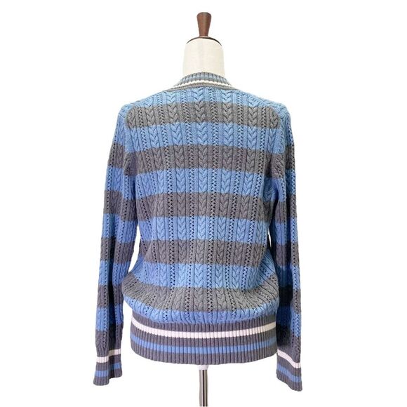 Liz Claiborne Cotton Cable Knit Sweater Size XL Blue Gray Stripe V-Neck VTG - Picture 3 of 12